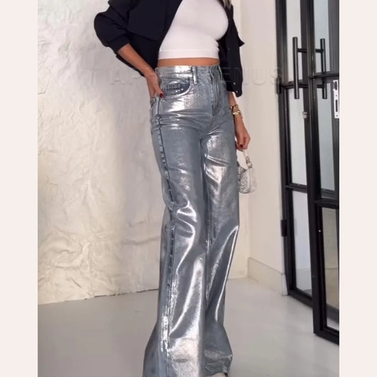 Straight Jeans For Women High Waist Patchwork Vintage Chic Jean Female Fashion Clothes Streetwear Y2K Metallic Clothing 2024