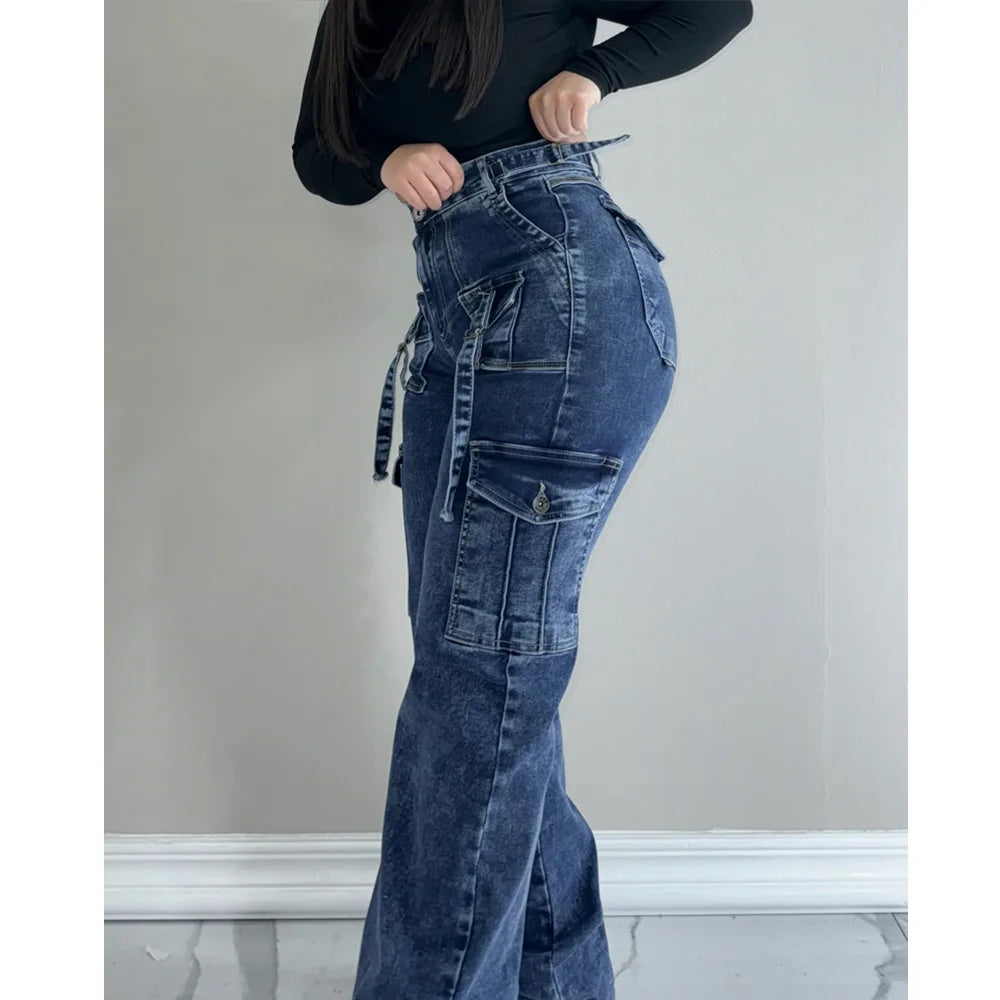 Fashion Women Streetwear Side Pocket Cargo Straight Denim Straight Safari Style Jeans Wide Leg Jeans Trousers Hip-hop Streetwear