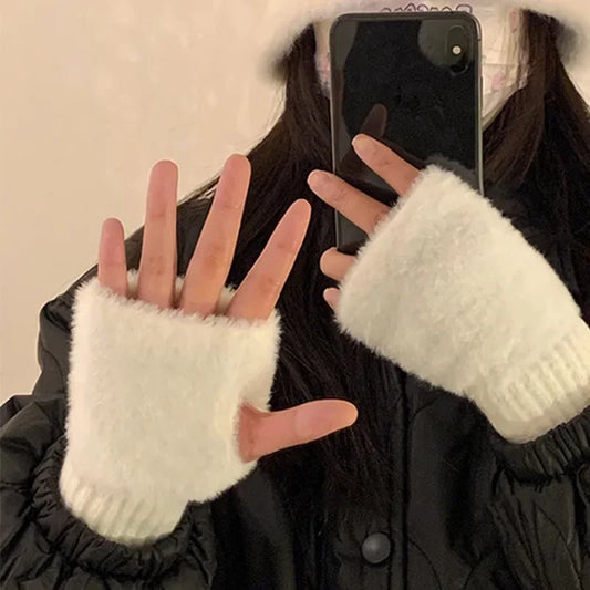 Soft Winter Half Finger Gloves Women Warm Luxury Solid White Plush Knitted Fingerless Gloves Wrist Mittens Writting