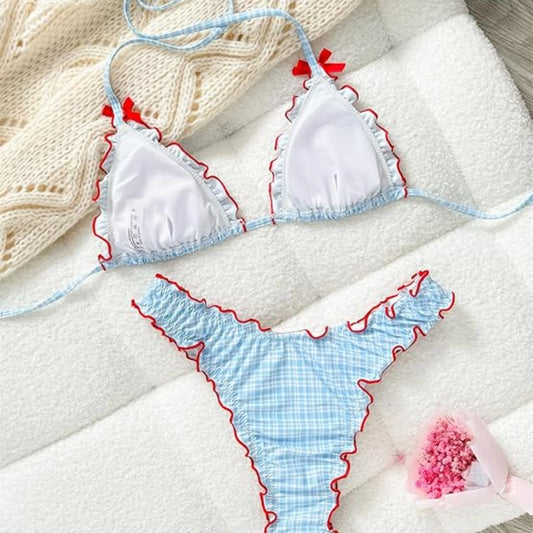 Yiiciovy Plaid Ruffle Hatle Bikini Set Womens Swimsuits Ruffled Trim Push Up Brazilian Swimwear Female New Biquini Bathing Suit