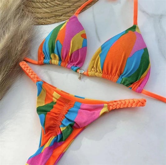 8 Colors) 2023 New Brazilian Women's Bikini Roped Swimsuit Set Split European And American Women's Printed Sexy Beach Swimwear