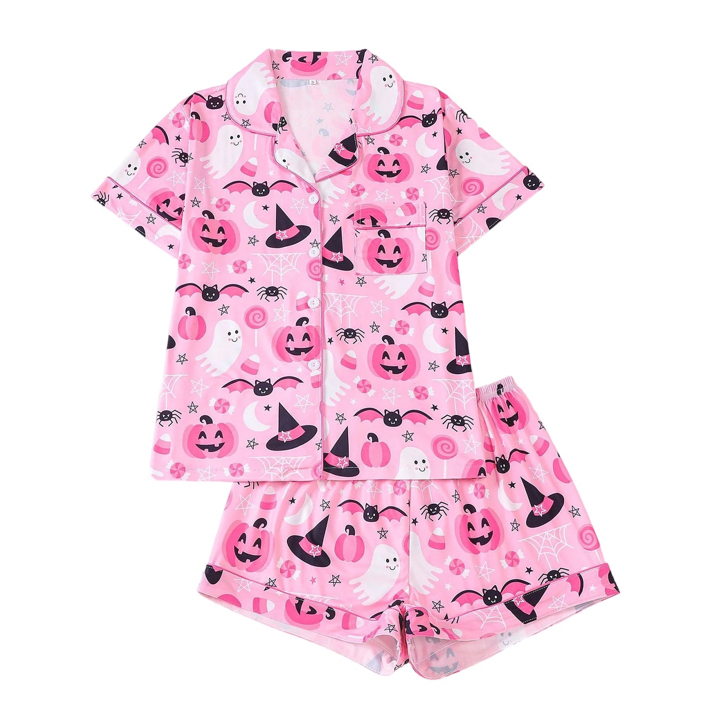 Women Halloween Pajama Set, Pumpkin Print Short Sleeve Button Closure Top with Shorts Sleepwear Loungewear