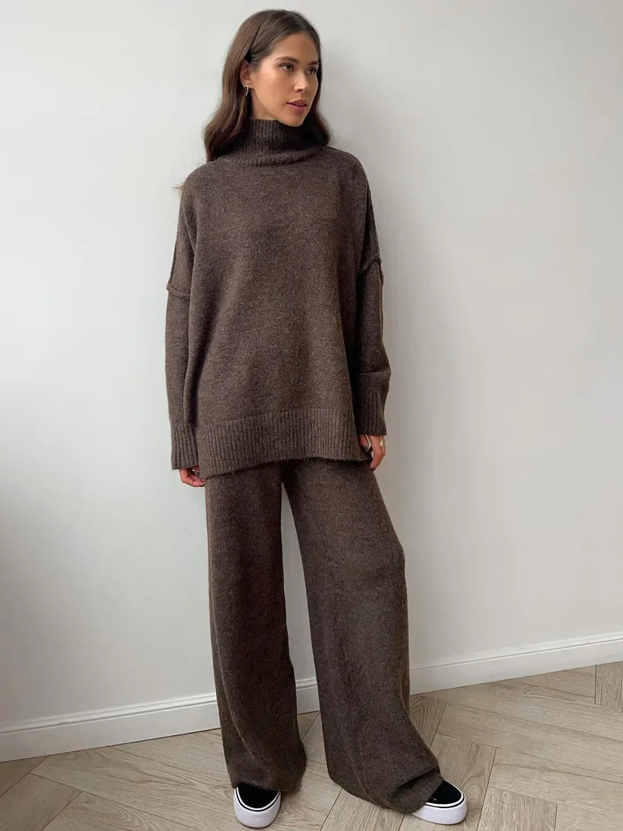 Bornladies Women's Autumn Winter Turtleneck Sweater Pants Set Loose Casual Knitted Sweater Thicke Loose Pullover 2 Pieces Sets