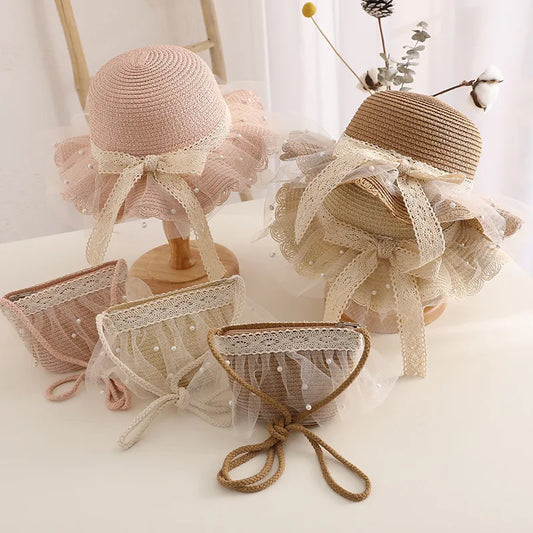 Assorted kids pearl crossbody bag with delicate lace and ribbon accents in pastel colors