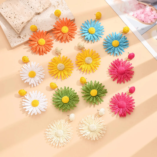 Colorful Sun Flower Earrings For Women Girl Handmade Bohemian Rattan Knit Earrings Summer Party Jewelry Gifts