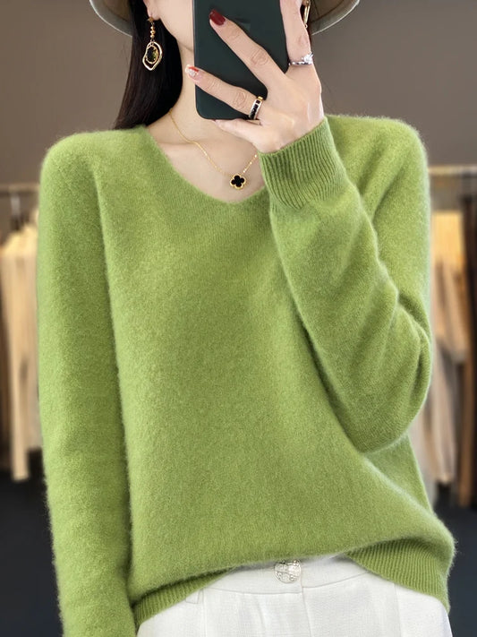 Fashion100% Merino Wool Sweater Cashmere Pullover Women Knitwear V-Neck Long Sleeve Autumn Winter Fashion Basic Clothing Tops