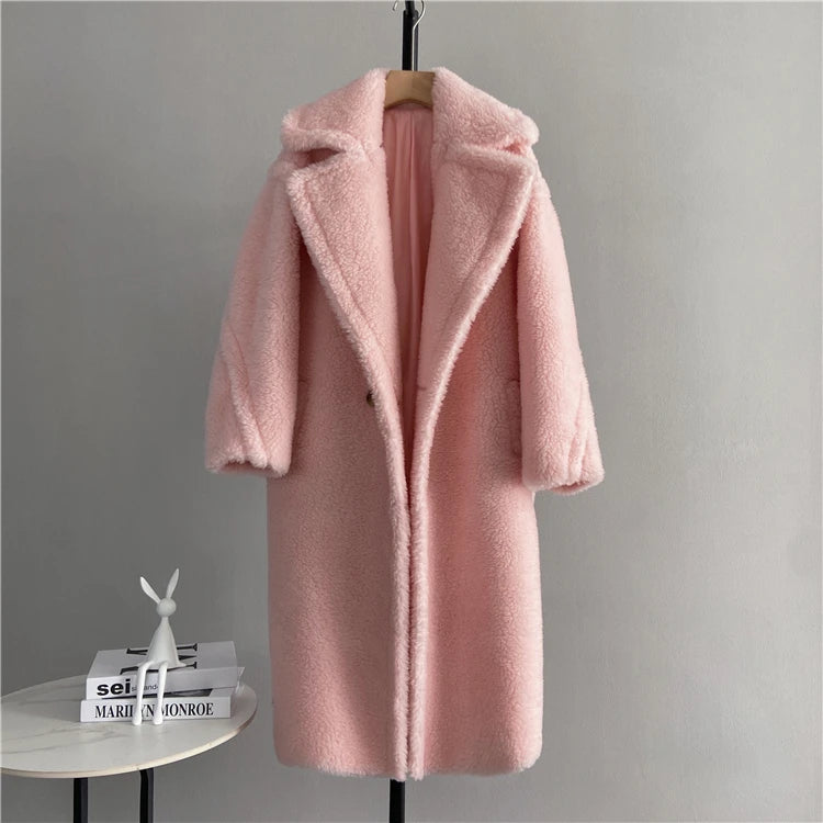 Winter Jacket Women Long Coat Wool Woven Fabric Thick Warm Outerwear Oversize Fashion Streetwear Teddy Bear Coats