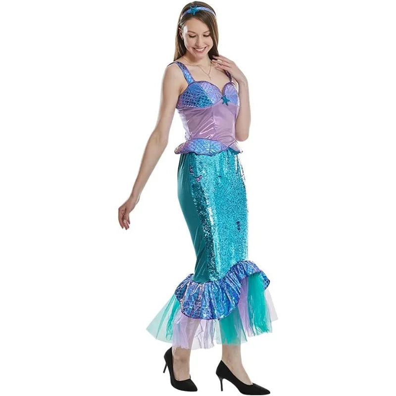 The Mermaid Cosplay Costume for Women Halloween Sea-maid Tail Dress Adult Blue Sequins Skirts Pool Party Ocean Princess Outfit