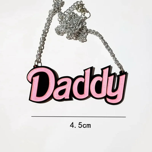 EtherealBe Halloween black letter necklace in pink with bold 'Daddy' lettering for festive style