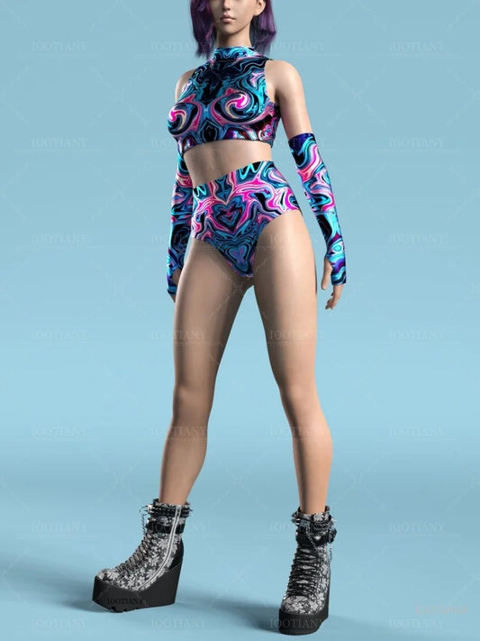 Adult Sleeveless Multicolor Role Play Bodysuit Swimsuit Women Sexy Hollow Off Shoulder Graffiti Art Bodycon Performance Costume