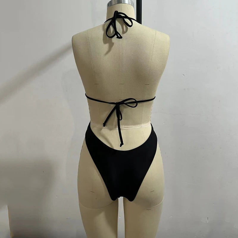 BEACHCICI Women's Bikini One Piece Summer Sexy Solid Halterneck Lace Up Cutout Metal Ring Slim Backless Beach Holiday Swimsuit