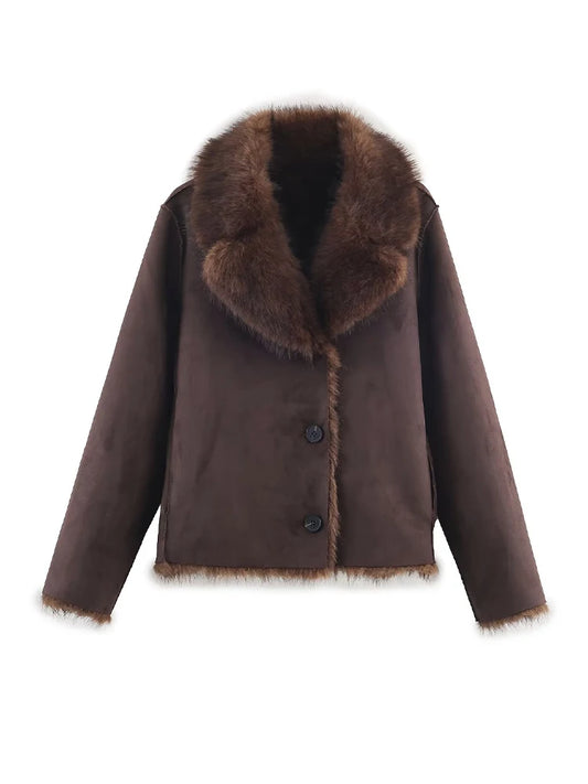 HH Winter Woman Elegant Casual Warm Coat Women Lapel Buttons Pocket Long Sleeves Outwear Reversible Faux Fur Effect Jacket