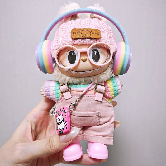 labubu clothes Pink overalls, colorful headphone sets, rainbow-colored pleated skirt clothing, labubu accessories (no dolls)