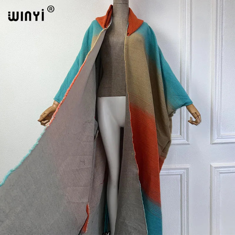 WINYI Winter coat outfits Women boho dress print Thick Warm Female kaftan loose cardigan dress Hooded mop coat fashion Abaya