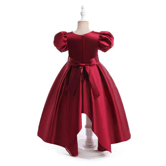 Girls Dress with Trailing Skirt Bubble Sleeves Satin Dress Piano Performance Dress Princess Dress Christmas Party Kids Clothes