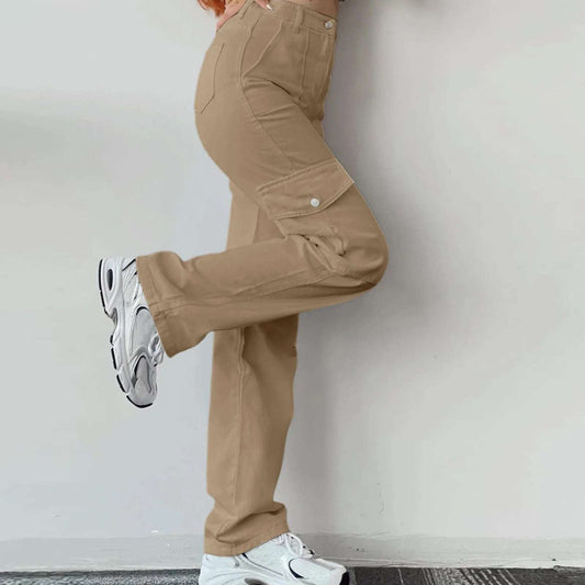 Y2k Women Khaki Cargo Pants Retro Slim Fit Jogger Sweatpants Summer High Waisted Casual Korean Wide Leg Pants Elastic Trousers