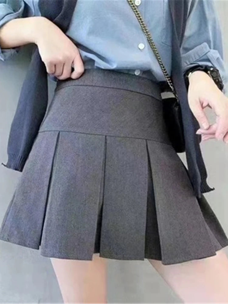 ZOKI Vintage Gray Pleated Skirt Women Kawaii High Waist Mini Skirts Korean Fashion School Uniform Harajuku Streetwear Spring