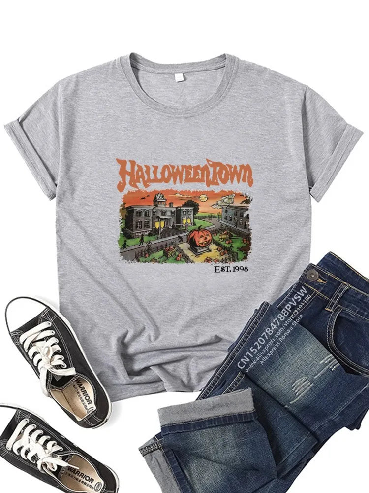 EtherealBe Halloween graphic t-shirt for women featuring Halloweentown design on a gray background