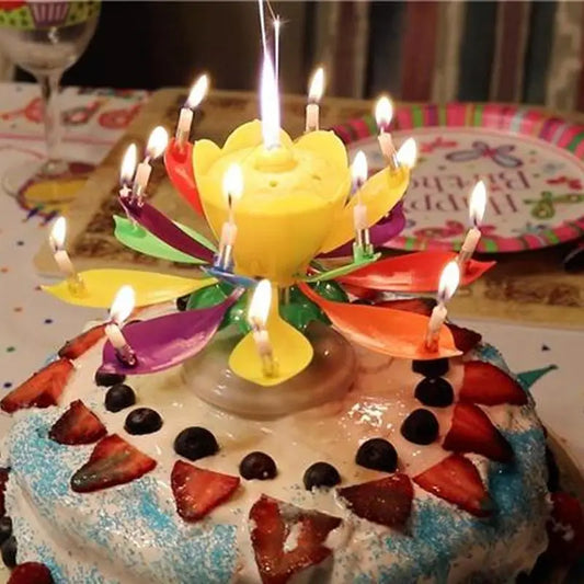 Multicolor Rotating Lotus Cake Candle Electronic Music Candle Birthday Wedding Cake Decoration For Kids Gift Party