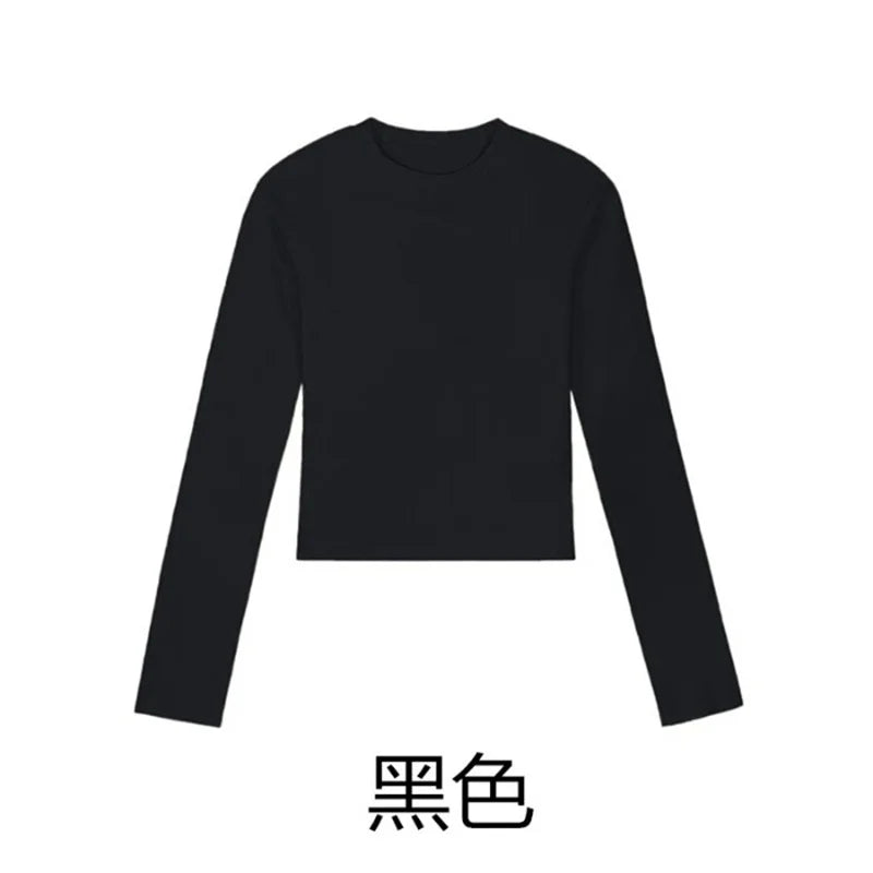 Cotton O Neck Long Sleeve Shirt Women Sexy Cropped Tops 2025 Autumn Black Casual Skinny Slim Basic Woman T Shirts White Clothing