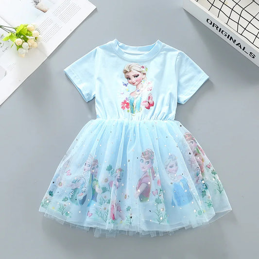 2024 Girls Dress Cartoon Summer Frozen Fashion Children's Elsa Princess Baby Girl Toddler Short Sleeve Cute Party Dresses 3-9Y