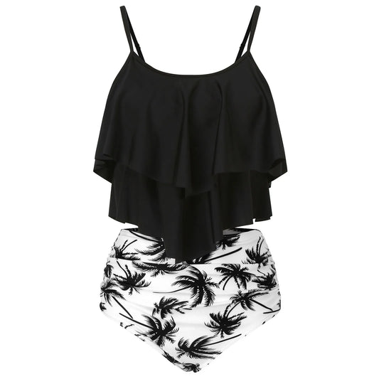 Chic Elegant Bikini Summer Multi-Layer Ruffled Edge Folds Crew Neck Sling Swimwear High Waist Thong Separate Two-Piece Swimsuit