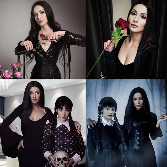 Long Black Wig for Morticia Addams Costume, Cher Costume Halloween Wig for 70s Party Witch Costume Wig for Women