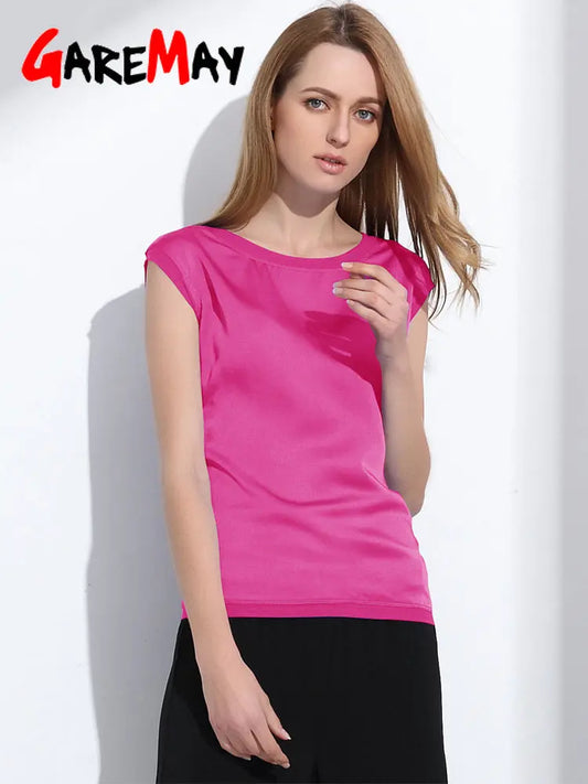 Summer Women Blouses 2023 New Casual Chiffon Silk Blouse Slim Sleeveless O-neck Blusa Feminina Tops Shirts Solid 6 Color Y048
