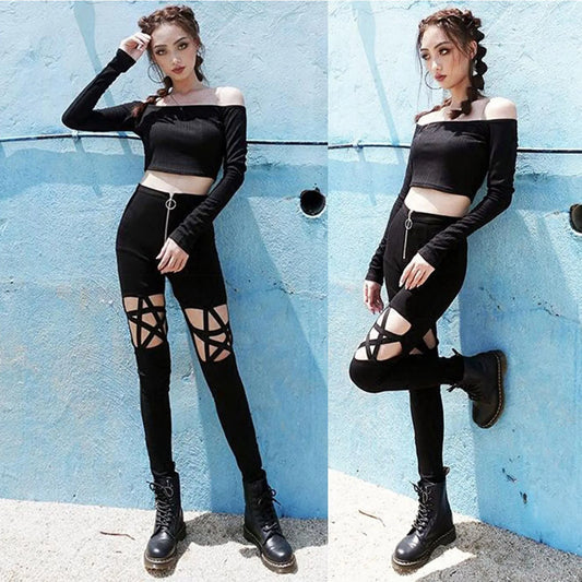 Spring Summer Women Gothic Punk Pants Female Sexy Elastic Stretch Zipper Hollow Out Skinny Pencil Pant Women Tight Trouser 2024