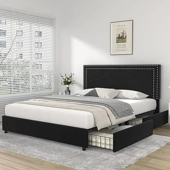Upholstered Platform Bed Frame with 4 Storage Drawers, Adjustable Velvet Rivets Headboard
