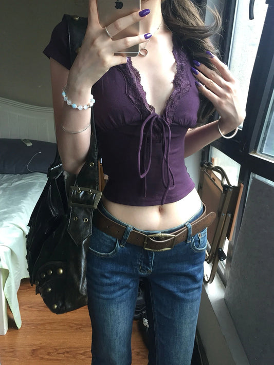 Genayooa Y2k Japanese Lace T-shirt Women Short Sleeve Deep V Neck Crop Tops Lace Up Vintage Fairycore Tee Tops Streetwear Tshirt