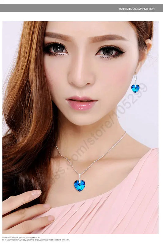 Jewely Sets Blue Austrian Crystal Genuine 925 Sterling Silver Color Heart Pendant Necklace Earring Ear Thread Hook Earrings