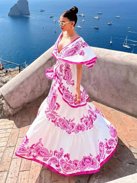 New Shadow Cap Midi Dresses Women Cloak Sleeves Dress V Neck Halter Boho Summer Party Evening Female Vestidos Robe Summer