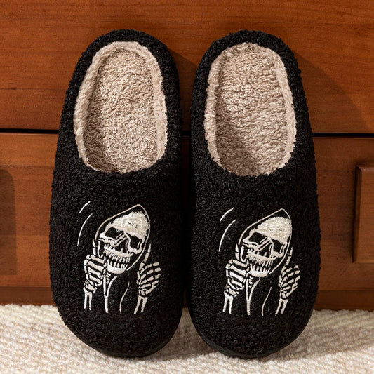 EtherealBe skull face women's slippers in black with cozy lining and skeleton design