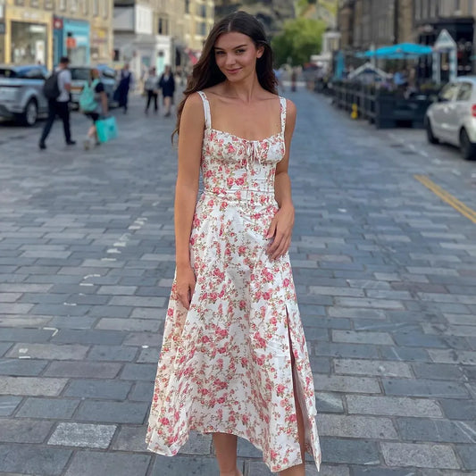 Women's Beach Travel Clothing Sexy Split Floral pattern Long Sling Dress Lady Party Flat collar Skirts Camisole Female Dresses