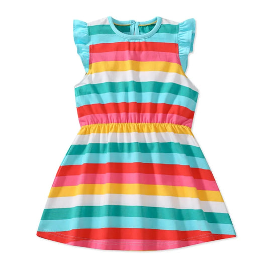 Kids Clothes 2025 New Summer Children's Clothing Cartoon Rainbow Striped Dresses Cotton Casual Vestidos Gifts