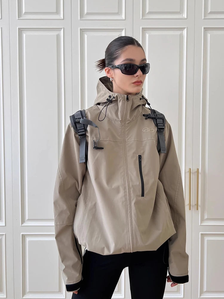 Autumn Outdoor Jacket Women Vintage Hooded Windbreaker Ladies Casual Loose Zipper Jackets Female Neutral Style Sporty Coat