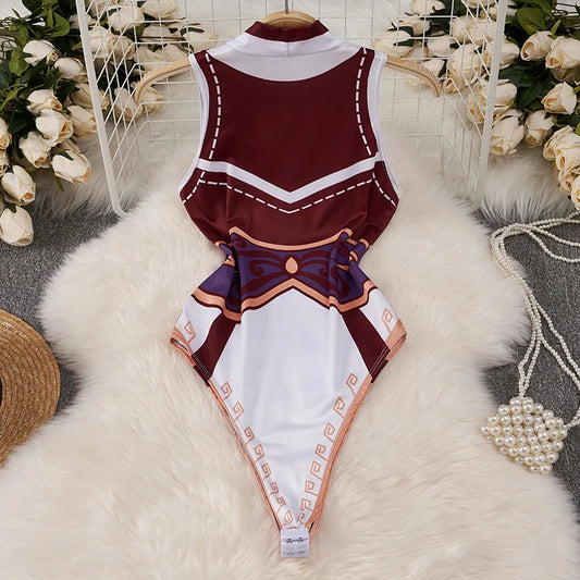 EtherealBe maroon and white printed high neck bodysuit with scalloped trim kawaii cartoon bodysuit costume for women