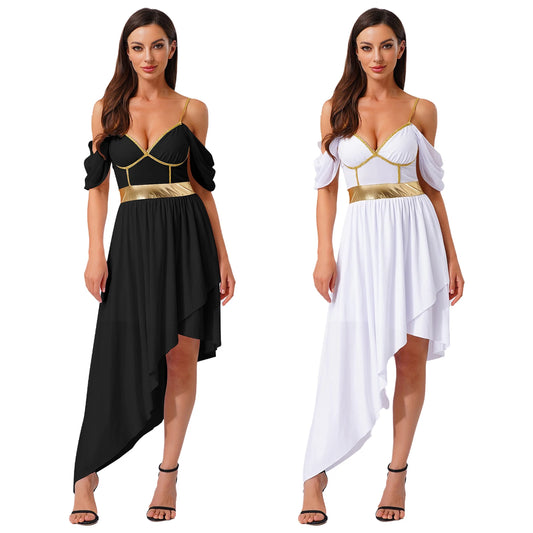 Womens Ancient Greek Costume Halloween Roman Queen Cosplay Dress Metallic Shiny Off Shoulder Sling Carnival Roleplay Dress Up