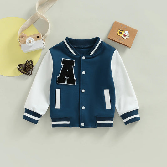 Kids Boy Girl Baseball Jackets Toddler Letter Pattern Contrast Color Long Sleeve Buttons Front Coat Autumn Winter Outerwear 1-5T