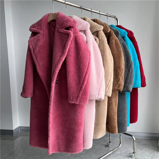 Winter Jacket Women Long Coat Wool Woven Fabric Thick Warm Outerwear Oversize Fashion Streetwear Teddy Bear Coats