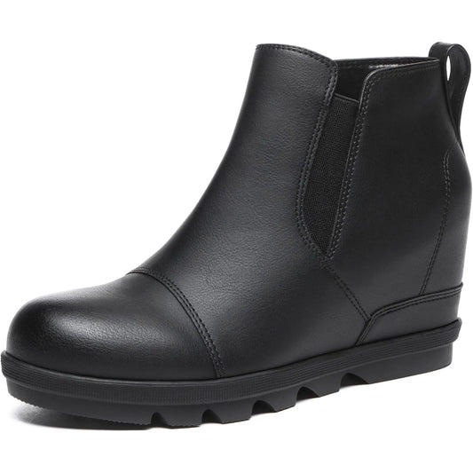 Stylish black leather wedge ankle boots for fall with comfortable cushioning and slip-on design