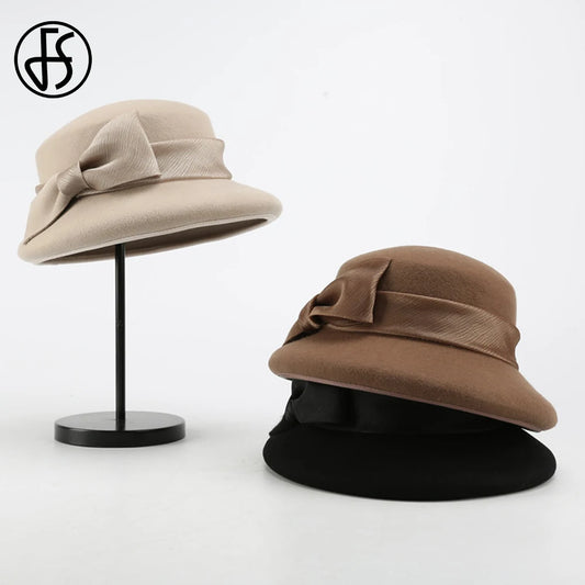 FS Fashion Warm Wool Felt Women's Fedoras Simple Chic Hats Bowknot Bucket Cap Ladies Top Hat Vintage Caps For Women