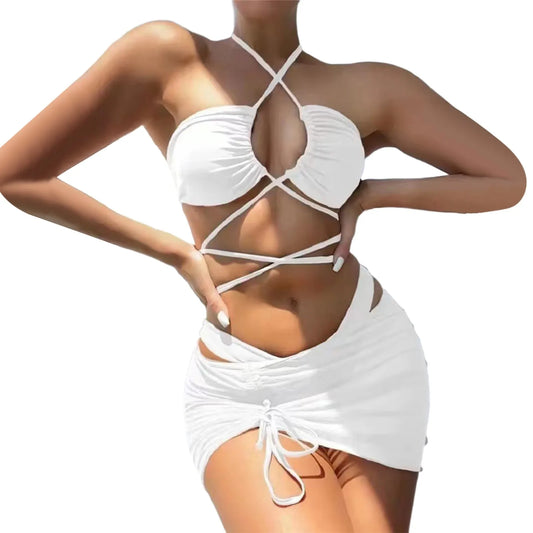 Bikinis Sets Swimsuit For Women Solid Hollow Strap Sexy Bikini Swimwear Three Piece Mesh Swimsuit Swimwear For Women