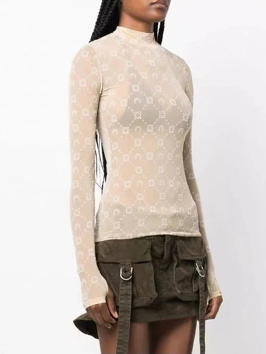 Spring Fashion Sexy Perspective Women's Pullover Mesh T-Shirt New Semi High Neck Long Sleeved Slim Fit Elastic Women T-Shirt