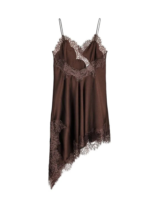 Brown Satin Sexy Lace Spliced Short Sling Dress Women V-neck Sleeveless Backless Asymmetric Party Dresses 2025 Summer Lady Robes