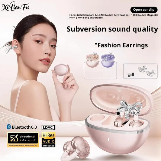 Clip-on Earbuds Wireless Bluetooth Open Ear Headphones with Detachable Crystal Bowknot Earrings, For Sports, Fitness & Workouts