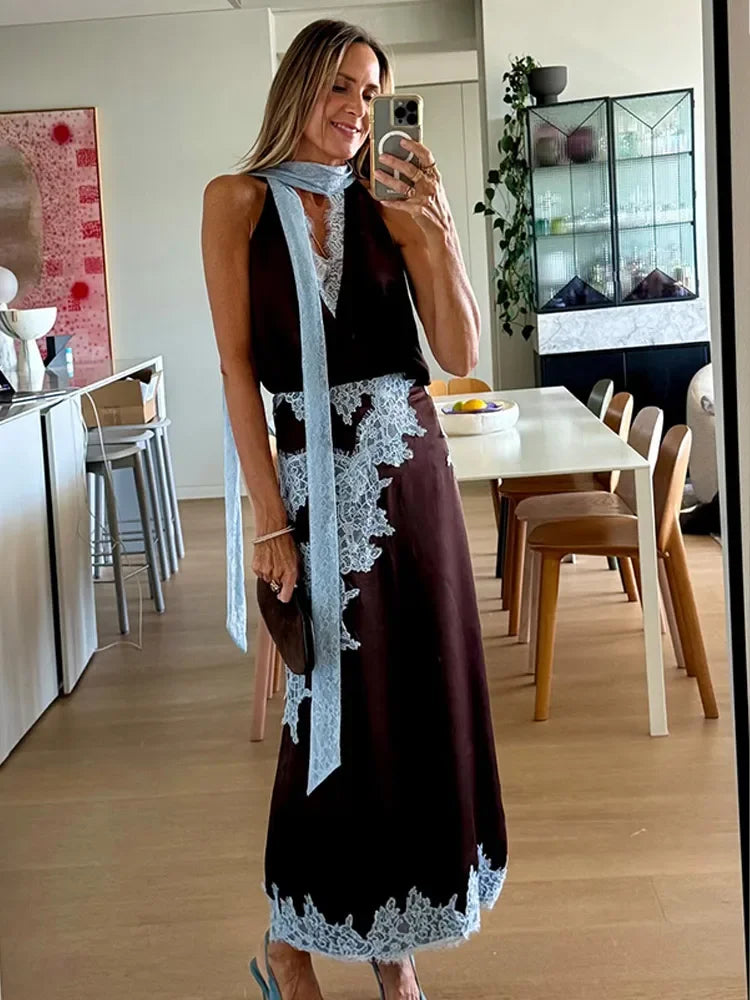 Contrast Patchwork Lace Maxi Skirt Suit Women Satin V-neck Sleeveless Skirts Suits 2025 Lady Summer Casual Daily 2 Pieces Set