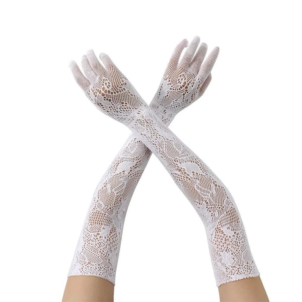 High Elasticity Long Lace Gloves Cosplay Stage Performance Bridal Gloves Floral Pattern Halloween Mesh Mittens
