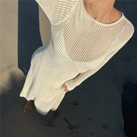 hirigin Elegant Long Sleeve Maxi Dress for Women Hollow Crochet Knit Summer Beach Cover ups Party Long Dress Club Streetwear
